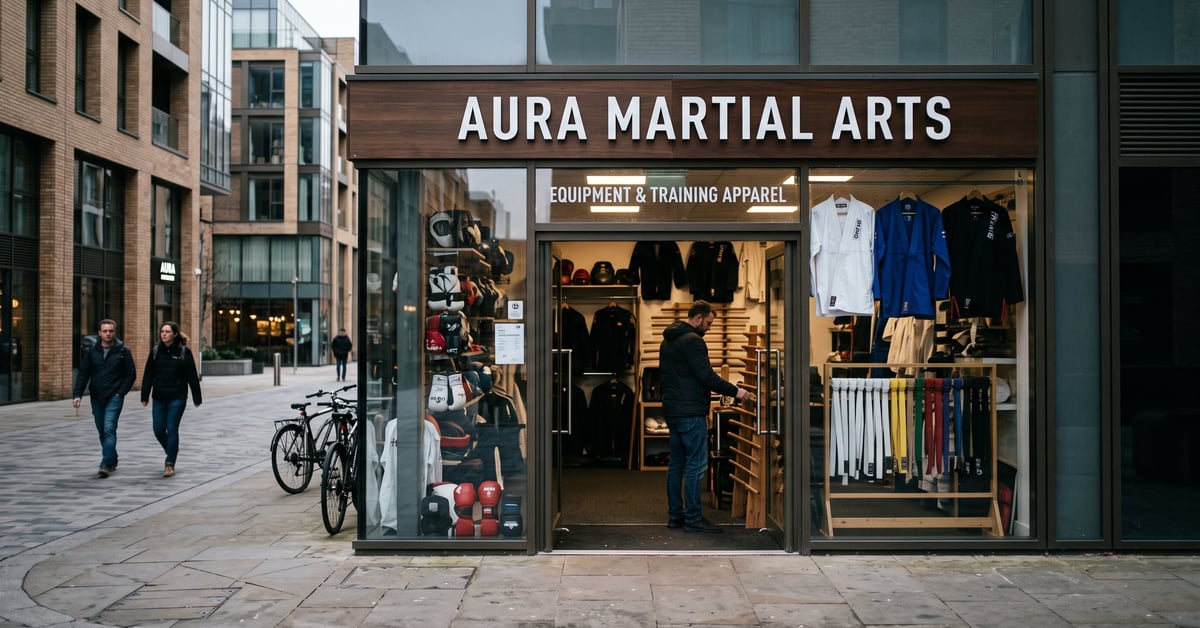 Boutique arts martiaux avec équipements de combat : kimono, gants et protections exposés