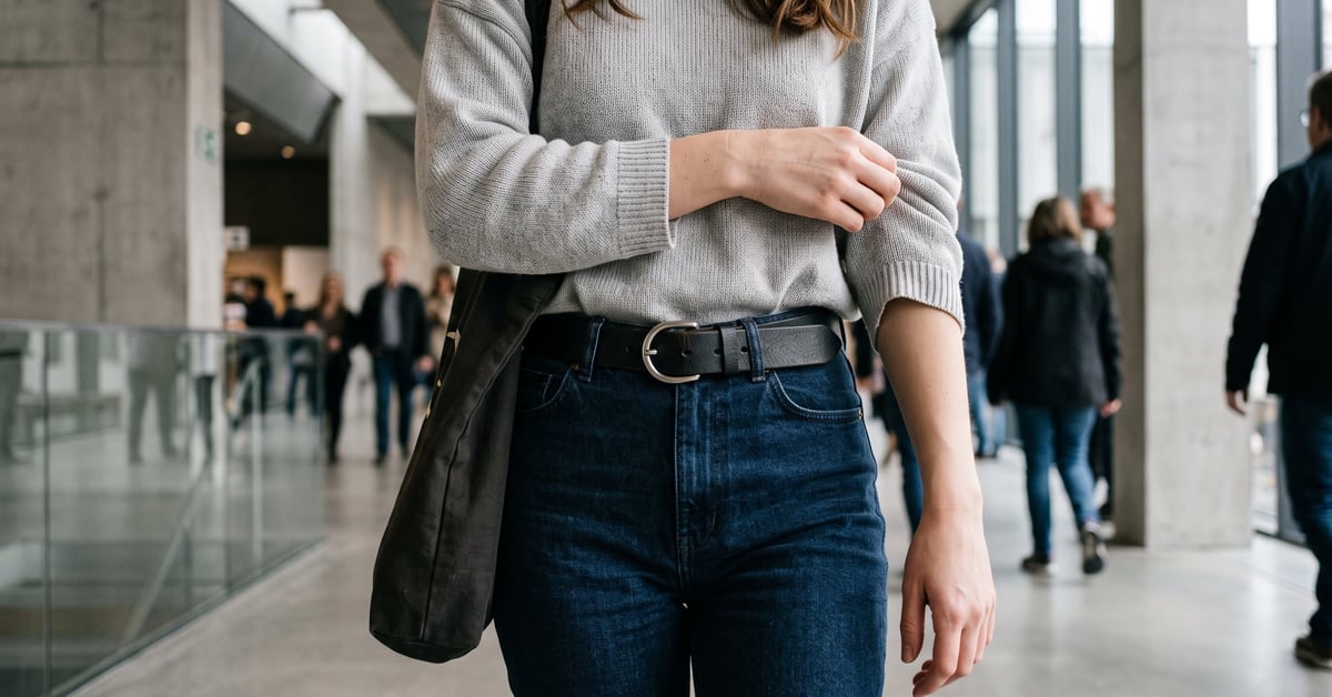 Ceinture en cuir noire femme portée avec une tenue élégante et moderne