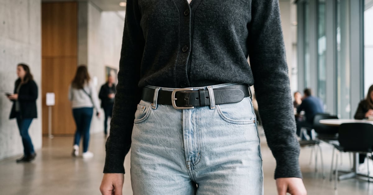 Ceinture cuir noire femme portée à la taille sur une tenue élégante