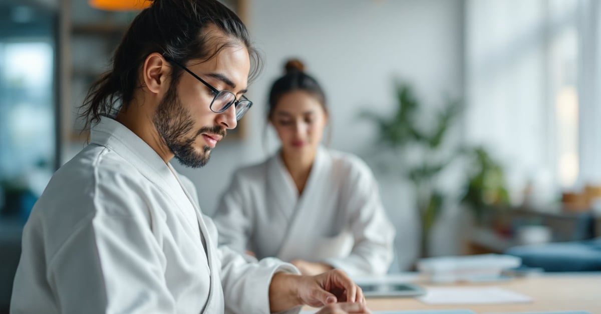 Judoka consultant l'extranet FFJDA sur un ordinateur dans un dojo moderne
