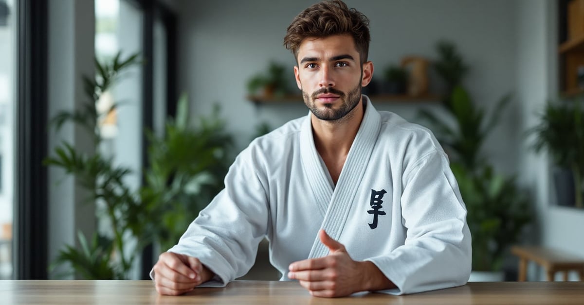 Judoka français en kimono blanc en position de combat sur le tatami, lumière naturelle, style photojournalistique