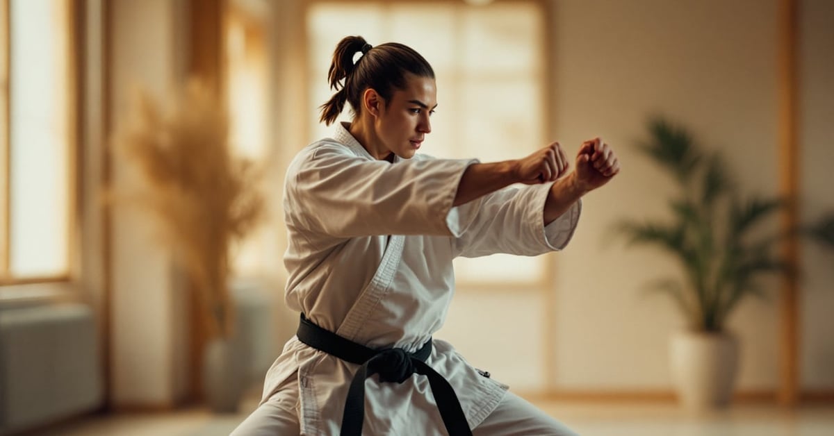 Pratiquant de karaté martial en position de combat, illustrant la profondeur et la discipline de cet art