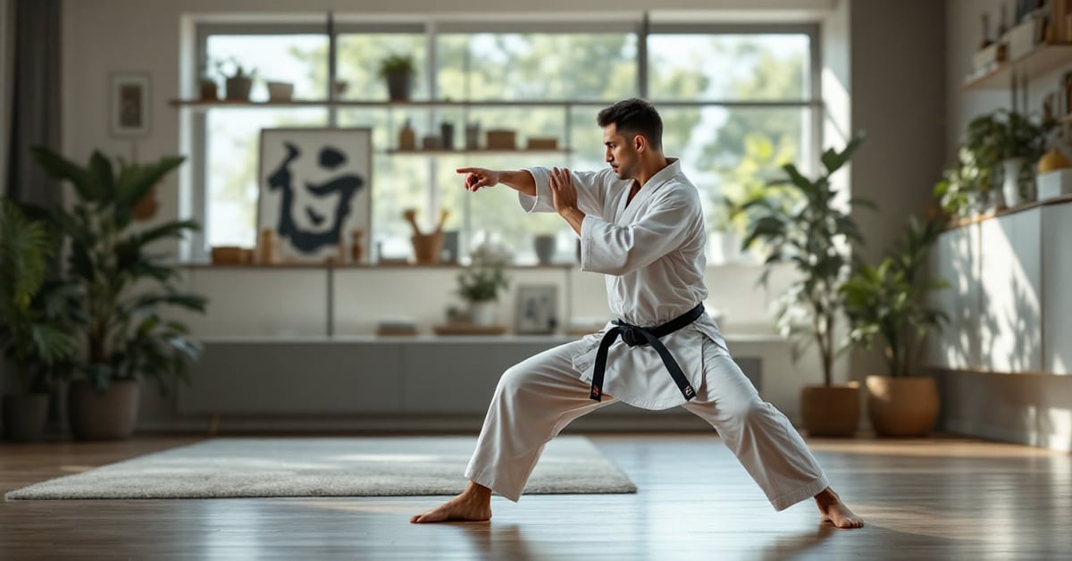 Pratiquant de karaté en kimono blanc exécutant une technique de combat, karate traditionnel
