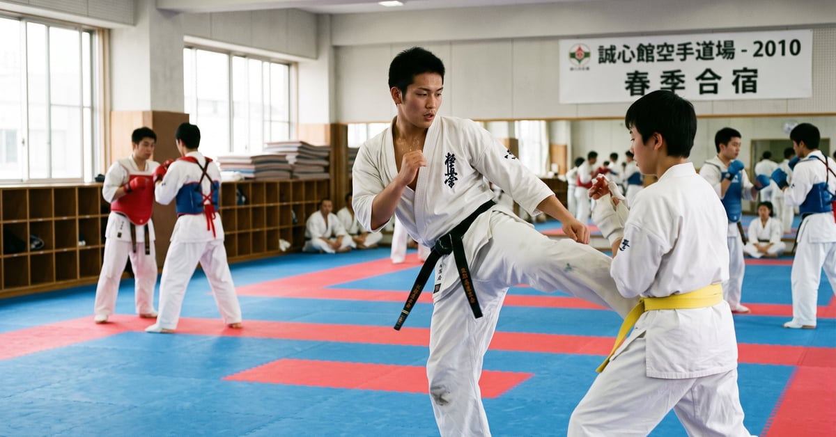 Karaté 2010 : démonstration des techniques et mouvements fondamentaux par un karatéka en kimono blanc
