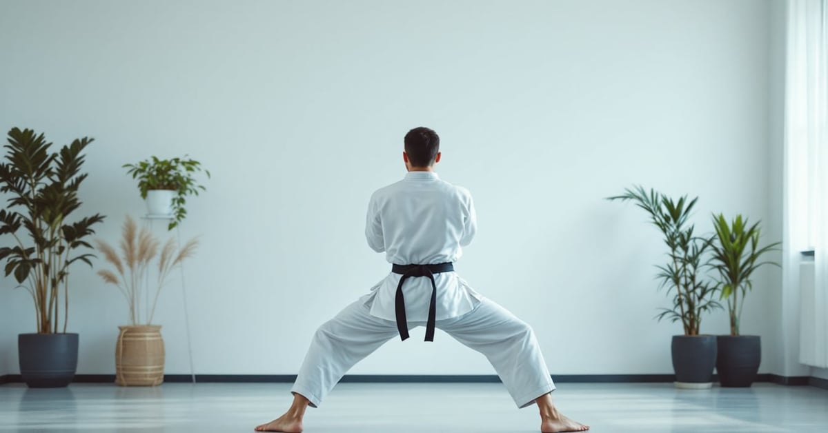 Pratiquant de kata karaté do en position codifiée, tenue blanche traditionnelle
