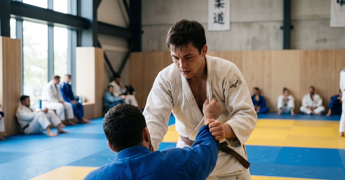 Kimona judo blanc traditionnel posé sur fond épuré, idéal pour choisir son équipement selon son niveau