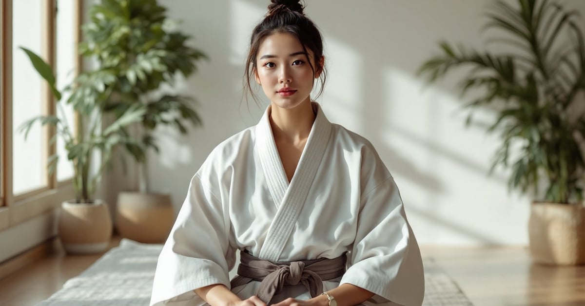 Kimono pour judo blanc posé à plat, tissu épais et coutures renforcées, équipement homologué IJF