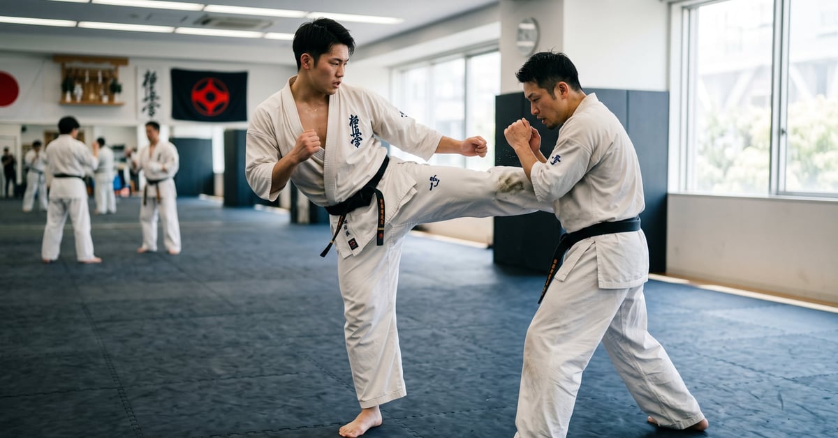 Combattant de kyokushin karaté en position de combat lors d'un entraînement intensif