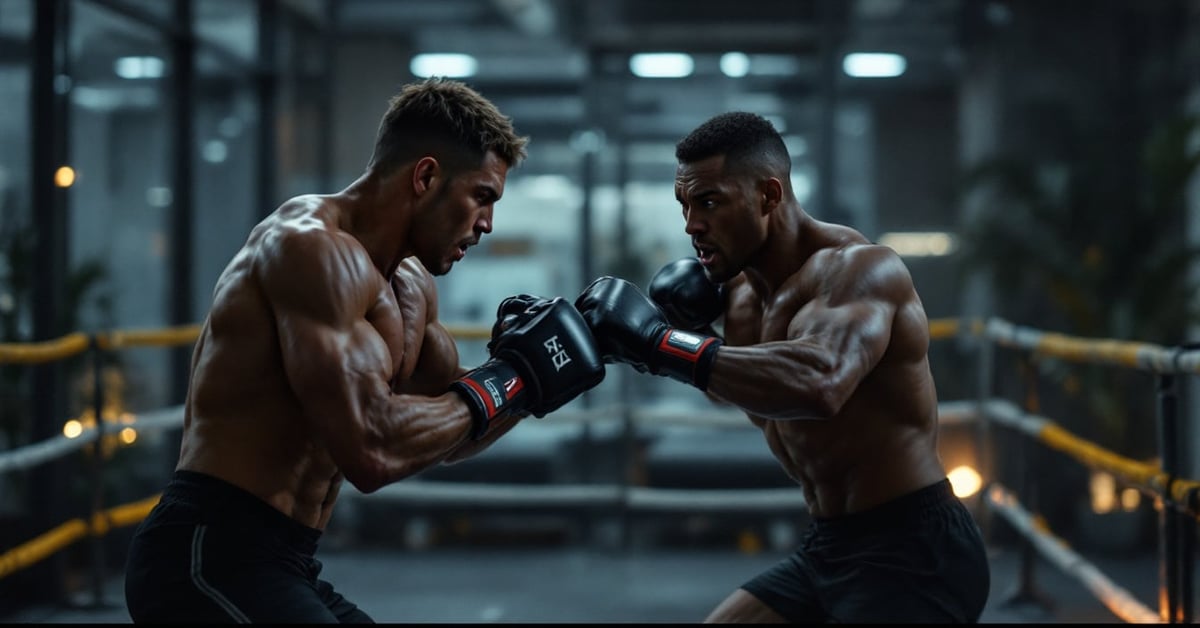 Combattant en position de garde lors d'un entraînement de sport de combat en salle