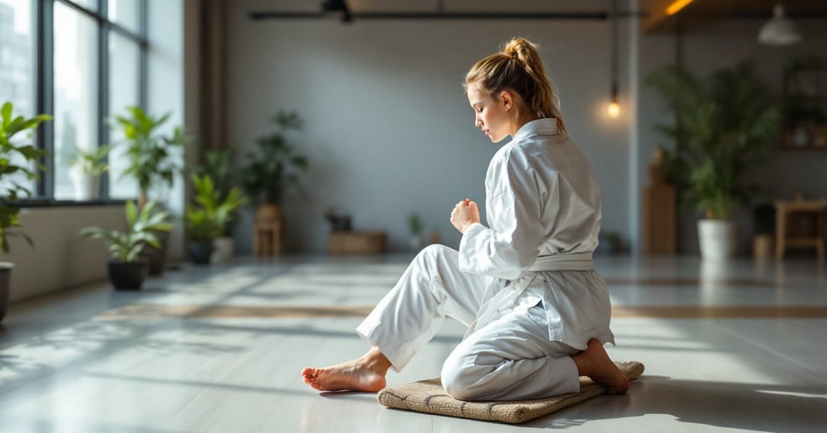 Pratiquants d'un club de karaté en kimono blanc s'entraînant ensemble dans un dojo moderne