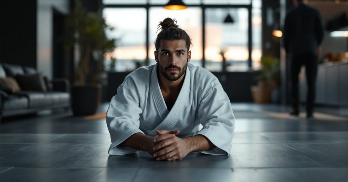 Judoka ceinture noire en tenue de combat sur le tatami, posture concentrée et maîtrisée