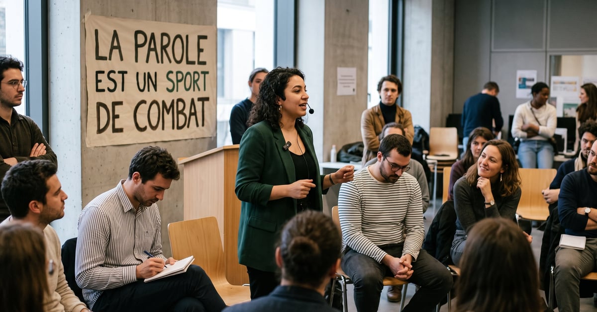 Deux personnes en débat animé, symbolisant l'expression « la parole est un sport de combat »
