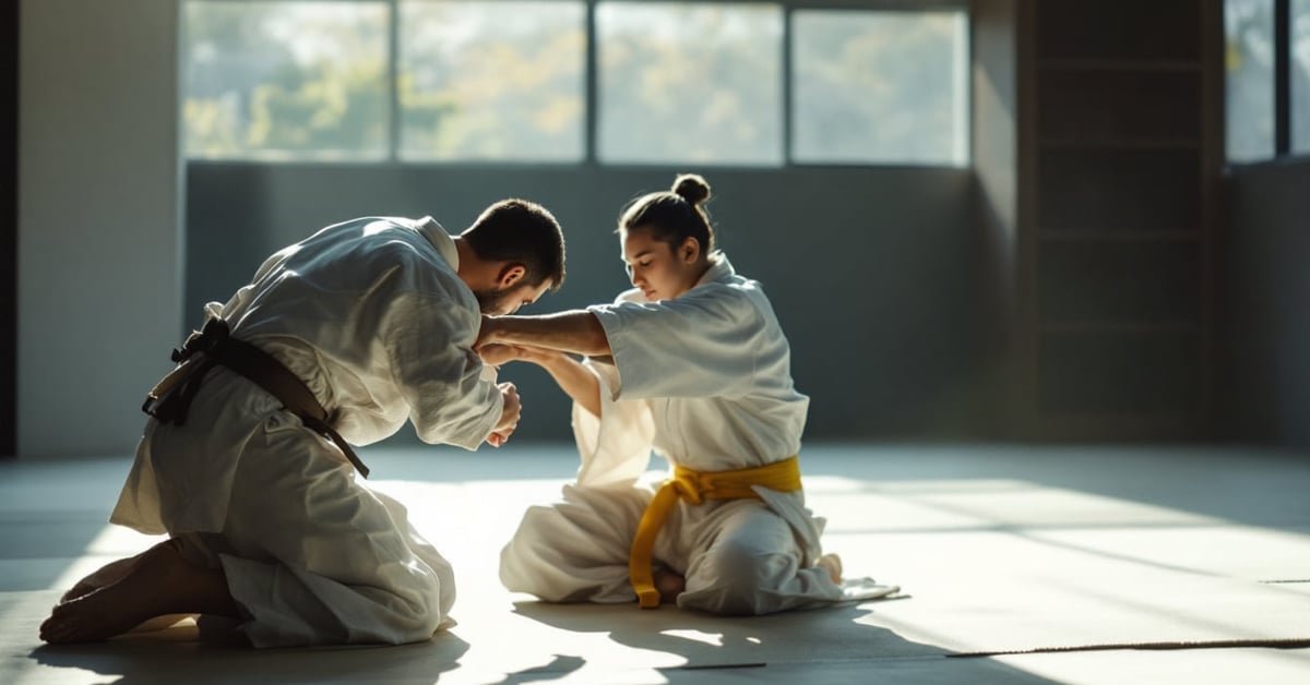 Pratiquants d'aïkido lors d'un stage intensif sur tatami, techniques de saisie et projection